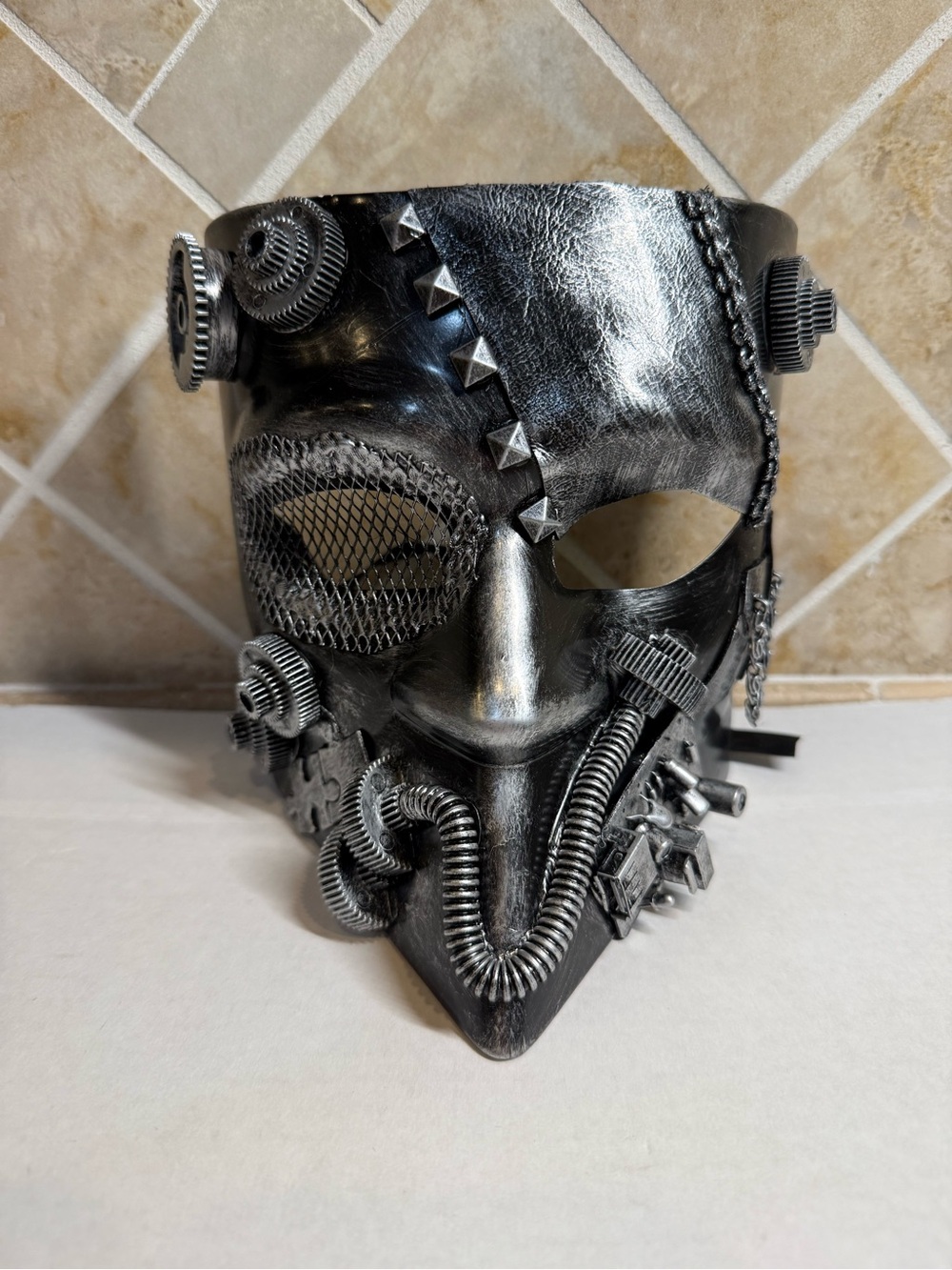 Steampunk Industrial Half-Face Mask, silver and black gears, Halloween costume